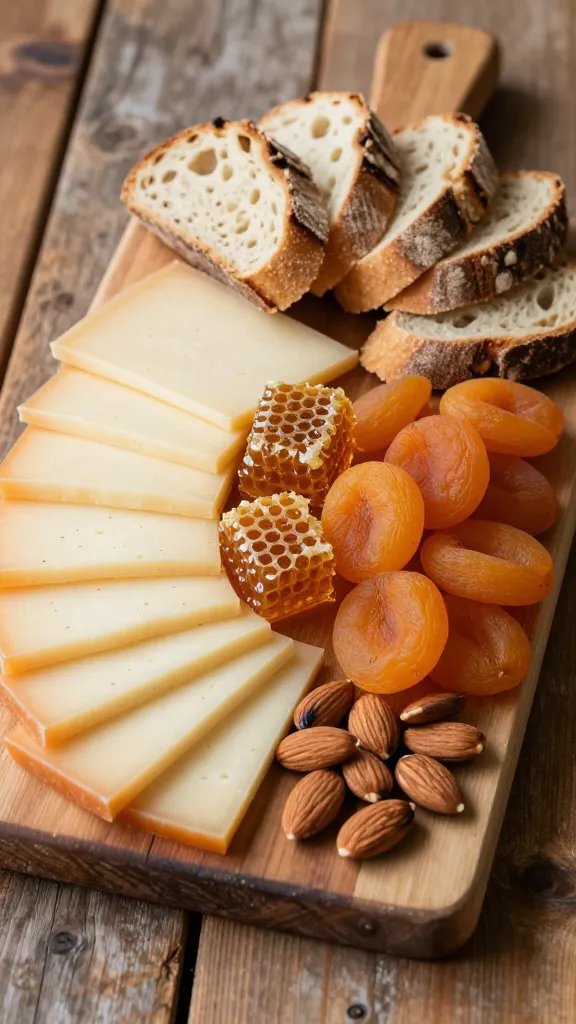A high-resolution, appetizing food photograph of a Rustic Farmhouse Charcuterie Board. The main subject is the rustic board arranged with a variety of textures and earthy tones: slices of aged cheddar and smoked gouda fanned in a loose grid, two chunks of fragrant honeycomb nestled among the cheeses, a handful of roasted almonds scattered for crunch, and a generous pile of dried apricots adding pop of amber. Include crusty, artisanal bread slices arranged in a natural, imperfect fan around the edge. The board sits on a weathered wooden table with warm, natural lighting that emphasizes the textures and colors. Create subtle shadows and a shallow depth of field to keep the focus on the cheeses and honeycomb while softly blurring the background. No text or branding in the image.