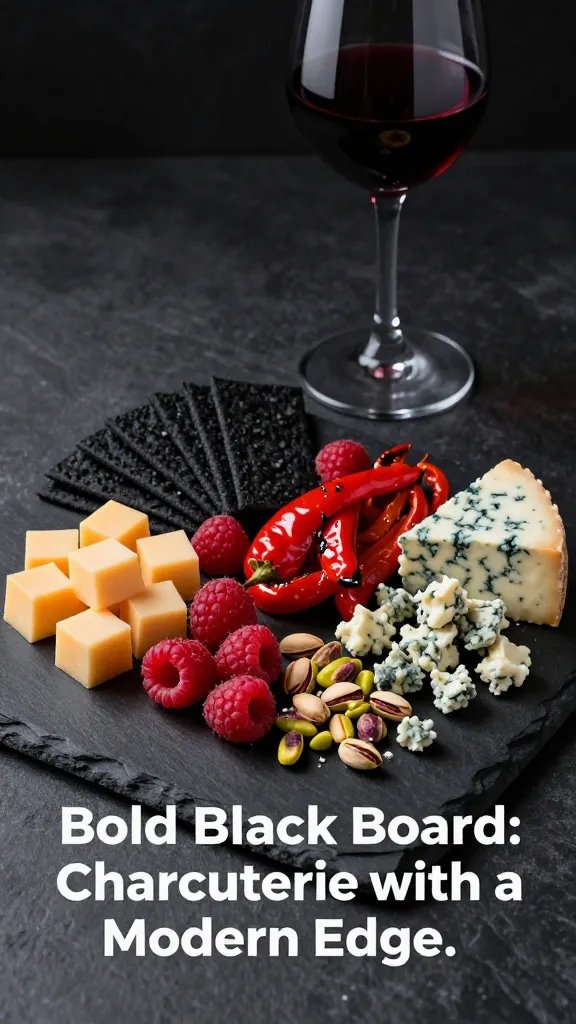 A high-resolution, moody food photography scene of a modern charcuterie board titled “Bold Black Board: Charcuterie with a Modern Edge.” The board sits on a matte charcoal slate surface with soft, directional lighting from the left, casting gentle shadows for depth. The board features a dark-toned, nearly-black serving board with dramatic contrast arranged in opposite corners: 8 oz aged cheddar cubes in one corner and 8 oz blue cheese crumbles in the opposite corner. Between and around them, place 1 cup raspberries, 1 cup roasted red peppers, and 1/2 cup pistachios for vibrant color pops. Scatter charcoal crackers to tie the look together, arranged in a few sleek, angular stacks. Ensure the textures are clearly defined: the smooth cheddar, crumbly blue cheese, glistening raspberries, glossy peppers, and lightly salted pistachios. Include a subtle, elegant wine glass in the background with a dark, fruity red wine or a bold IPA visible, but not overpowering the board. The overall mood should be moody yet polished, with a modern, minimalist aesthetic and a focus on color contrast and composition. No text on the image.