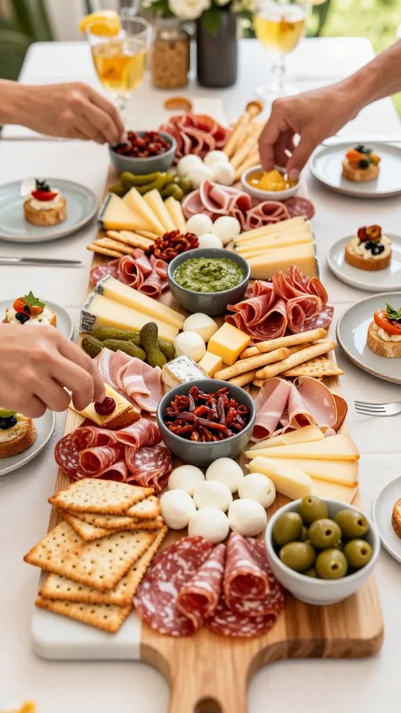 A vibrant, high-resolution food photography scene showcasing a “Build-Your-Own-Bites” charcuterie board as the main subject. Center a large, elegant wooden board or marble tray arranged gallery-style with clearly labeled sections (though labels should be subtle, not text in the final image). Include a variety of thinly sliced deli meats (salami, mortadella, turkey) fanned and layered across sections, and an assortment of cheeses (fontina wedges, provolone slices, mozzarella balls) placed in small clusters. Scatter bright green pickles, glossy olives, and pepperoncini around for color contrast. Add crackers, crostini, and slender breadsticks interspersed between sections. Fill small bowls with spreads (pesto, sun-dried tomato, honey mustard) and position them toward the edges. Use natural, warm lighting that highlights textures: marbled meats, creamy cheese, glossy olives, and crispy crackers. Create a social, interactive vibe by including hands in the frame reaching for bites and a few unfinished, artful bites on mini plates nearby. Keep the background softly blurred to emphasize the board as the focal point, with a clean, inviting table setting and a hint of summer party ambiance. No text on the image.