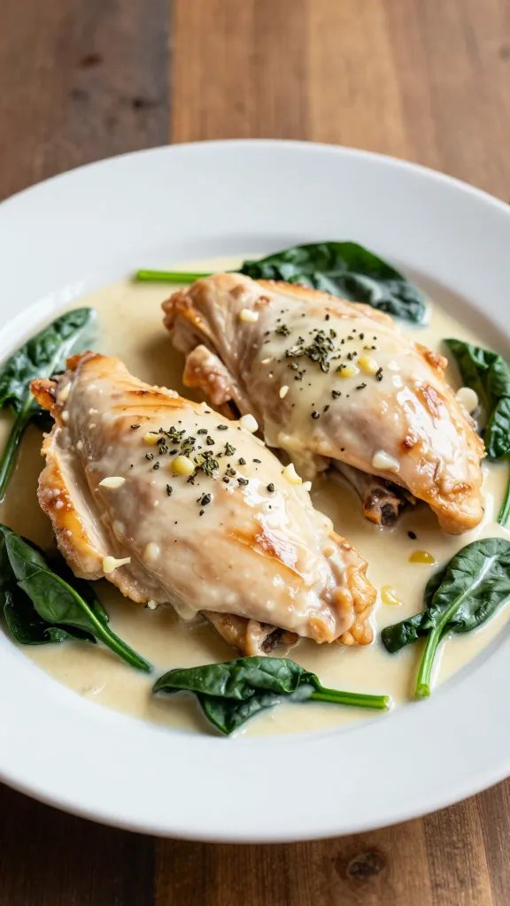A high-resolution, restaurant-style plate of One-Pot Creamy Garlic Tuscan Chicken. Feature a glossy, creamy garlic sauce coating tender boneless chicken thighs arranged in a shallow white ceramic pan or white plate, with a nest of wilted baby spinach peeking around the edges and a subtle sheen from the dairy-free cream-coconut milk sauce. Garnish hints of minced garlic and a light sprinkle of dried thyme. Surround with a minimalist, warm-toned background (wooden table or dark slate) to emphasize rich, creamy texture and golden-brown chicken. Include soft, natural lighting with gentle reflections on the sauce, capturing steam or a slight glaze to convey warmth and comfort. No text on image.