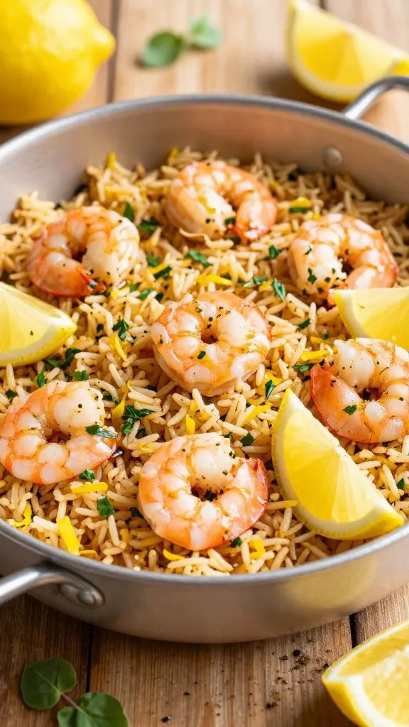 A vibrant, high-resolution food photograph of a one-pot lemon herb shrimp and rice dish, styled to look sunny and inviting. The main subject is a beautifully plated portion of shrimp and fluffy lemon-steamed rice with visible citrus zest, glistening olive oil, and a few bright lemon wedges in the frame. The pot sits on a sunlit rustic wooden table with a soft, warm backdrop. The scene includes fresh herbs (oregano sprigs) lightly scattered, a light dusting of black pepper, and a delicate drizzle of olive oil to enhance shine. The color palette focuses on golden rice, pink shrimp, yellow lemon, and green herbs, with shallow depth of field to softly blur the background while keeping the dish crisply in focus. No text or logos.