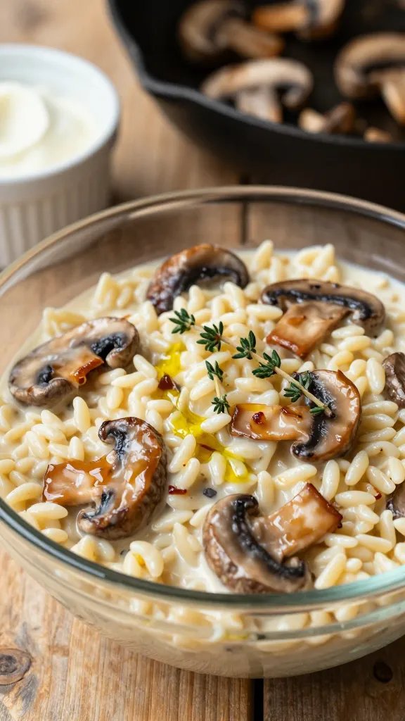 A warm, editorial-style close-up of a single-glass bowl of one-pot creamy mushroom orzo, placed on a rustic wooden table. The orzo is gluten-free and almond-light, coated in a silky, ivory sauce with generous caramelized cremini mushrooms interspersed. A few sprigs of fresh thyme lightly rest on top, with a delicate drizzle of olive oil catching the light. In the background, a skillet with sautéed mushrooms and a small ramekin of dairy-free cream hint at the dish’s preparation. The lighting is soft and natural, highlighting the creamy texture, the browned mushrooms, and the glossy orzo, with shallow depth of field to gently blur the background while keeping the main subject sharp and inviting. No text on the image.