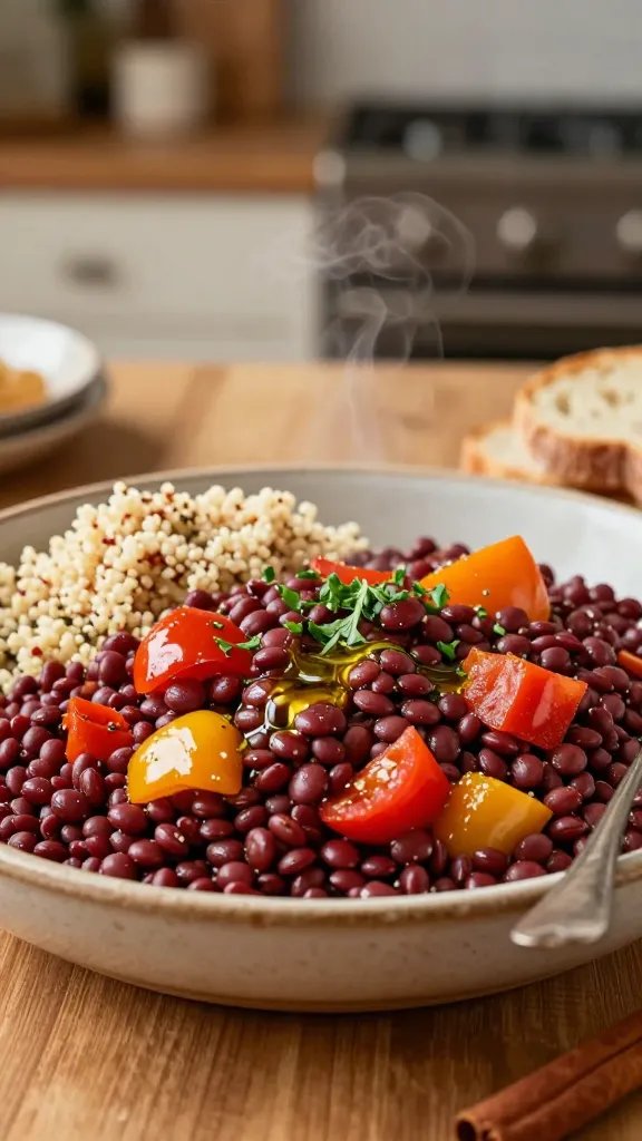 A warm, inviting plated one-pot lentil dish served in a rustic ceramic bowl, positioned on a wooden table with a softly lit kitchen backdrop. The dish showcases ruby red lentils simmered with colorful diced bell pepper, bright tomato chunks, and a fragrant olive oil sheen, garnished with a delicate drizzle of olive oil and a sprinkle of finely chopped fresh herbs. Side elements include a small mound of fluffy quinoa or crusty bread to imply heartiness, and a cinnamon-tinged steam swirl rising to suggest warmth. The lighting highlights the glossy, hearty texture of the lentils and the vibrant peppers, with shallow depth of field softly blurring the background to keep focus on the comforting, veggie-powered one-pot feast, clearly conveying the "comfort food" feel. No text, no logos; the main subject is clearly the spoon-ready lentil dish ready to be tasted.