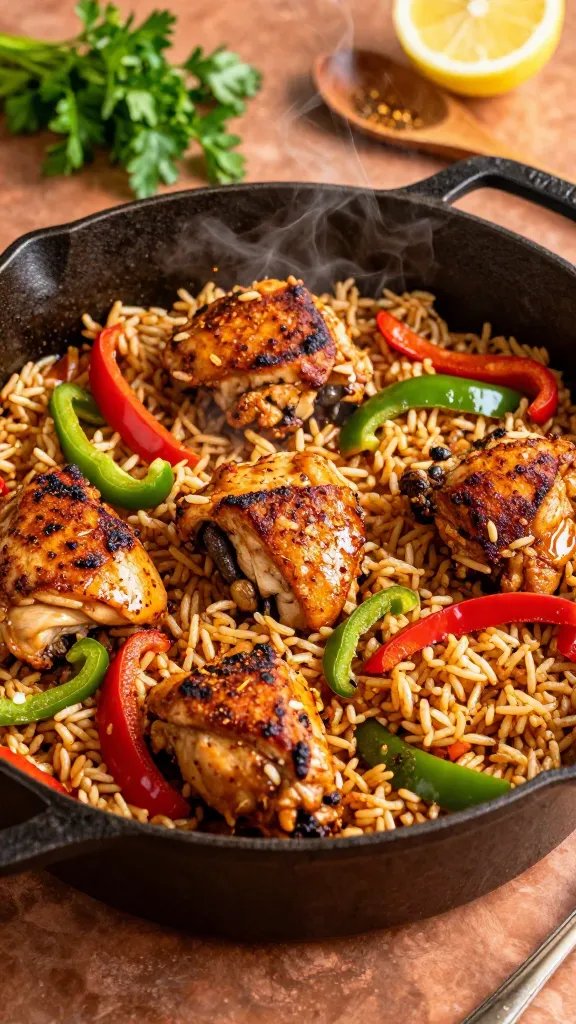 A high-resolution, photorealistic image of a sizzling one-pot Cajun chicken and rice dish served directly from a rustic, well-used cast-iron dutch oven placed on a warm copper-toned countertop. The dish should feature succulent pan-seared chicken thigh chunks with a paprika-rich, deep golden crust, mingled with fluffy long-grain rice, bright red and green bell pepper slices, and visible Cajun seasoning specks. Steam rising gently to convey heat, with a glossy, savory glaze on the surface of the chicken and a slightly glossy broth coating the rice. Surround the pot with natural garnish cues: a small bundle of fresh parsley, a halved lemon for a bright accent, and a wooden spoon with a hint of oil and spices resting nearby. Lighting should be natural and dramatic, coming from the side to emphasize texture and color, with shallow depth of field to subtly blur the background while keeping the dish in sharp focus. No text or branding in the image.