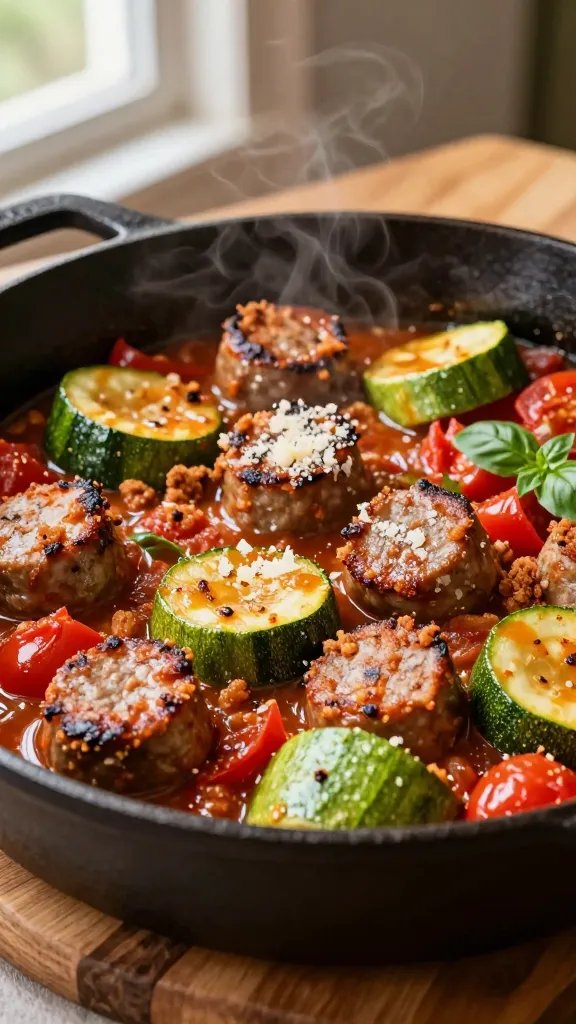 A hyper-realistic, high-resolution food photography image of a rustic skillet dish: a cast-iron or heavy-duty skillet brimming with golden-brown crumbled Italian sausage, glossy bright-green zucchini rounds, and ruby-red diced tomatoes simmered in a light tomato broth. The scene is styled to evoke Sunday sauce comfort—a warm, homey kitchen setting with soft natural light streaming from a window, casting gentle shadows. The sausages are browned in uneven crumbles, the zucchini retains slight bite with vibrant color, and the tomatoes create a rich, glistening sauciness. A delicate dusting of finely grated parmesan-style topping is just about to melt on the surface, with a hint of fresh basil leaves for color accent. The skillet sits on a wooden table or rustic trivet, with a neutral, warm-toned background that enhances the dish’s colors. The composition focuses tightly on the skillet, capturing steam wisps and the sheen of olive oil, inviting, comforting, and integral to a one-pot Italian comfort meal. No text or logos in the image.