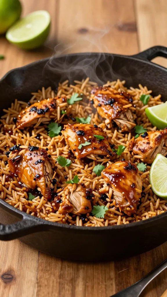 A high-resolution, photorealistic image of a cozy one-pot meal: smoky chipotle chicken and rice. In a rustic, slightly worn cast-iron pot sits fluffy long-grain rice infused with browned chicken thighs, speckled with shreds of juicy chicken. The dish is visibly seasoned with a glossy, amber-toned chipotle glaze and bits of minced chipotle pepper. Fresh cilantro leaves are sprinkled on top and two lime wedges rest beside the pot for a pop of green and citrus. The scene is set on a warm wooden table with soft, natural lighting that highlights the steam rising from the hot dish, evoking a comforting, chilly-weather vibe. A spoon rests beside the pot, hinting at a ready-to-dive-in, hug-in-a-pot moment. Background elements are softly blurred to keep the focus on the main subject: the smoky chipotle chicken rice.