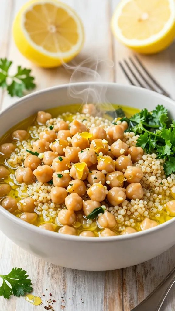 A high-resolution, realistic food photograph of a bright and cozy one-pot bowl scene featuring a Garlic Lemon Chickpea Bowl as the main subject. Center the composition on a rustic, light-washed wooden table with a steaming bowl of chickpeas, quinoa (or rice) in a warm, lemon-yellow broth glistening with olive oil. The chickpeas should appear plump and glossy, absorbing the lemon zest and garlic aroma; visible flecks of minced garlic, translucent bits of greens, and a vibrant squeeze of lemon juice to create a glossy, zesty glaze. Surround the bowl with complementary styling: a halved fresh lemon, a small pile of chopped parsley, a drizzle of olive oil, and a sprig of greens peeking from the side. Include a fork resting nearby and a lightly scattered pinch of pepper. Use soft natural lighting to emphasize the brightness of the lemon, the cozy warmth of the garlic, and the comforting texture of the grains. Subtle steam rising from the bowl and a shallow depth of field that softly blurs the background while keeping the bowl and its garnishes in sharp focus. No text or branding.