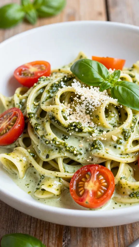 A vibrant, high-contrast close-up of a creamy gluten-free pesto pasta dish served in a shallow white ceramic bowl on a rustic wooden table. The pasta is al dente, coated in a luscious dairy-free cream sauce with a vivid green pesto swirl, flecked with bright halved cherry tomatoes for pops of red and orange. A light dusting of nutritional yeast or dairy-free parmesan adds a subtle, snowy texture on top. The scene includes a few fresh basil leaves for a touch of greenery and a soft, natural lighting setup that highlights the glossy sauce, with a shallow depth of field to gently blur the background. No text on the image.