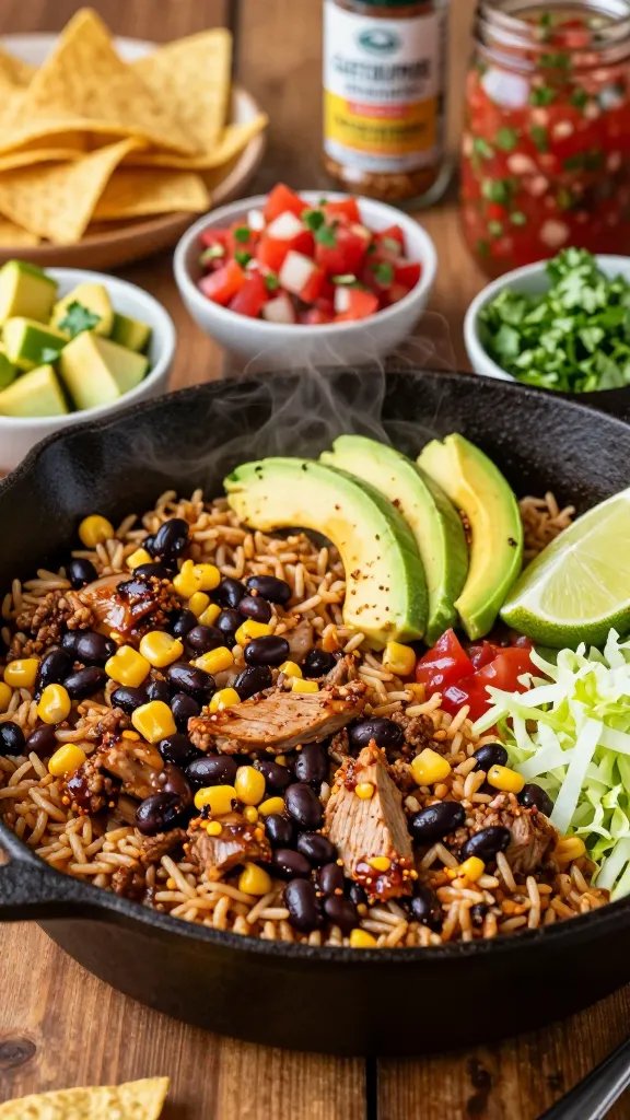 A vibrant, high-contrast food photograph of a one-pot taco night skillet served as the centerpiece on a warm rustic wooden table. In the foreground, a deep, well-seasoned cast-iron skillet showcases fluffy brown rice mingled with browned ground turkey (or beef), corn kernels, and glossy black beans, all glistening with a light sheen of taco-seasoning-scented sauce. Steam wisps rise gently, suggesting just-simmered tenderness. Surround the skillet with fresh toppings arranged in small bowls: diced avocado or sliced avocado halves, bright red pico de gallo, chopped cilantro, a wedge of lime, shredded lettuce, and a spoon of tangy salsa. In the background, softly blurred tortilla chips, a small jar of gluten-free taco seasoning, and a mason jar of smoky salsa provide context. The lighting is warm and natural, emphasizing the textures: the crispy edges of the meat, the plump grains of rice, and the glossy beans, with rich browns, golden hues, and pops of green and red for a fiesta-inspired color palette. No text or logos in the image.