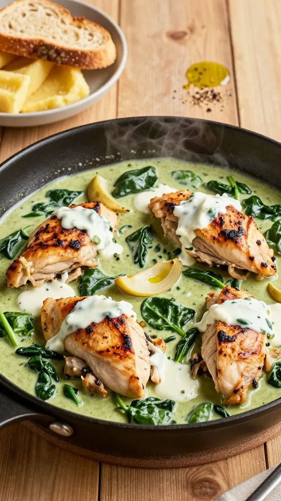A high-resolution, photorealistic dinner plate scene featuring a skillet of creamy spinach artichoke chicken as the main subject. The composition centers on tender sautéed chicken thighs submerged in a velvety green sauce with rich dollops of dairy-free cream, bright emerald spinach leaves, and pale marinated artichoke hearts. Steam wisps rise softly, suggesting warmth and a comforting aroma. Surround the skillet with a rustic wooden table setting: a small bowl of gluten-free toast slices or a neat serving of polenta wedges on one side, a drizzle of olive oil, and a light sprinkle of cracked black pepper. Natural, warm lighting highlights the glossy sauce, the textures of the chicken, and the contrast between the creamy green sauce and the golden-brown edges. Background is softly blurred to keep focus on the one-pot dish, with a clean, uncluttered feel suitable for a hero food shot. No text.