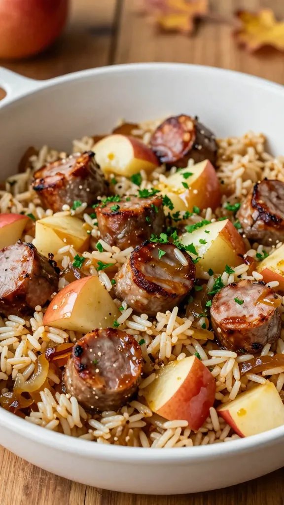 A warm, inviting one-pot dish styled for a food magazine: a rustic, shallow white ceramic bowl or high-sided skillet showcasing a savory sausage and apple rice. The frame captures a generous portion of fluffy rice swirled with sliced gluten-free sausage, tender diced apples, and caramelized onions, with glistening olive oil sheen. The sausage pieces are browned and slightly crisp along the edges, apples are soft and rosy, rice grains glossy and plump. A light maple glaze drizzle adds a subtle amber highlight, while a handful of chopped parsley sprinkled on top provides a vibrant pop of green. The background features a softly blurred wooden table with autumnal tones and a cozy, home-cooked ambiance. Warm, natural lighting emphasizes the textures: the crispy sausage edges, the tender rice, and the apple chunks, conveying this dish as a comforting one-pot meal. No text on the image. The main subject is the "One-Pot Savory Sausage and Apple Rice" dish.