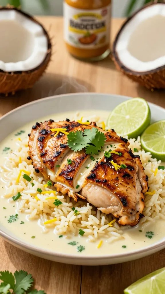 A high-resolution, photorealistic plate of One-Pot Coconut Lime Chicken with Rice, styled tropical dinner. Centerpiece: succulent pan-seared chicken thighs arranged atop fluffy jasmine rice soaked in creamy coconut-lime broth. Vibrant lime zest and a dusting of chopped cilantro garnish, with a few bright lime wedges on the side. Background features a warm, sunlit kitchen setting with soft wooden table and tropical accents (coconut halves, a small bottle of curry paste in the distance), to evoke weeknight comfort and tropical vibes without clutter. Colors: creamy coconut, pale yellow rice, rich brown seared chicken, bright green cilantro, and vivid lime green. Lighting: natural, diffused sunlight from the side to highlight steam, textures, and gloss on the coconut sauce. No text on image.