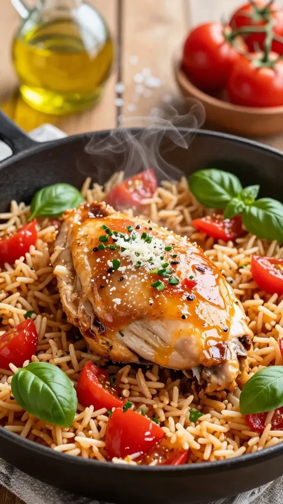A close-up, high-contrast photo of a rustic, sunlit skillet scene featuring one-pan herbed tomato basil chicken and rice. The main subject is a glossy, tender chicken thigh resting atop fluffy basmati rice infused with vibrant red diced tomatoes and olive oil, steam rising to imply warmth. Fresh chopped basil is sprinkled generously over the dish, with a few whole basil sprigs and a light dusting of dairy-free parmesan scattered to imply brightness and aroma. In the background, a wooden table with a softly blurred bottle of olive oil, a small bowl of extra tomatoes, and a sprinkle of flaky sea salt add context. The color palette is warm and summery: golden chicken, ruby tomatoes, emerald basil, and pale golden rice, all photographed with natural light that highlights the glistening oils and fresh ingredients. No text or logos in the image.