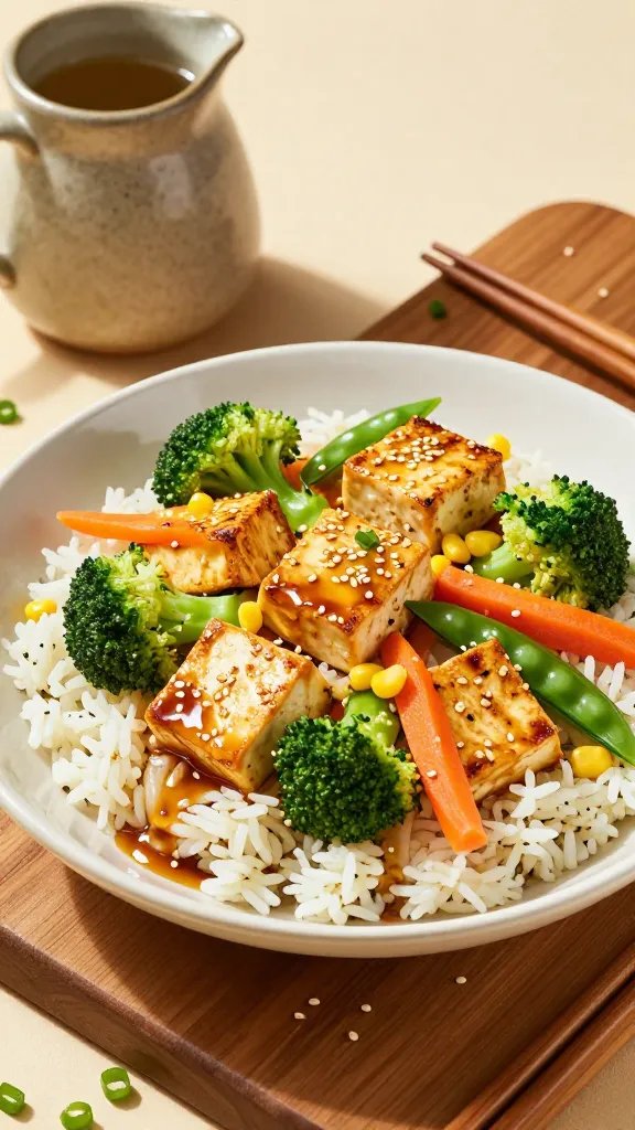 A high-resolution, studio-style food photograph featuring a plated one-pot garlic sesame tofu and veggie rice as the main subject. Centerstage is a vibrant bowl of fluffy jasmine rice topped with crisp, golden-brown sesame-crusted tofu cubes, bright emerald broccoli florets, carrot ribbons, snap peas, and corn kernels, all tossed in a light sesame-soy glaze. The tofu should have a slight caramelized crust with visible sesame seeds for texture. The dish sits in a shallow, matte white bowl on a warm wooden dining board, with a shallow pool of glossy sauce along one side to catch light. Surround the bowl with complementary elements: a small, rustic jug of vegetable broth, a pair of chopsticks resting at the edge, a few sesame seeds scattered around, and a tiny garnish of sliced green onions for pop of color. Lighting is natural and directional from the left, creating gentle shadows and highlighting the sheen of the sauce and the crisp edges of the tofu. The overall mood is fresh, wholesome, and comforting, suitable for a wholesome one-pot meal feature. No text or labels in the image.