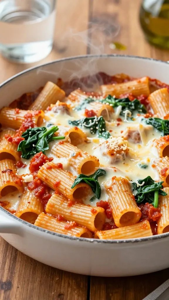 A high-resolution, close-up food photography shot of a glossy, creamy one-pot rigatoni bake served in a rustic, slightly chipped white ceramic skillet resting on a dark wooden table. The rigatoni is gluten-free with visible ridges, coated in a luscious dairy-free cream sauce that clings to each tube, with melted dairy-free cheese bubbling subtly on top. A rich, chunky tomato sauce swirls through the pasta, and a vibrant handful of wilted spinach adds a bright green pop. Steam curls from the dish to imply warmth, with a faint sheen of gloss on the sauce. The background includes a blurred glass of water, a drizzle of olive oil on the side, and a soft, natural light source from the left to highlight textures and create gentle shadows, emphasizing a cozy, homey, one-pot comfort feel. No text or branding visible.