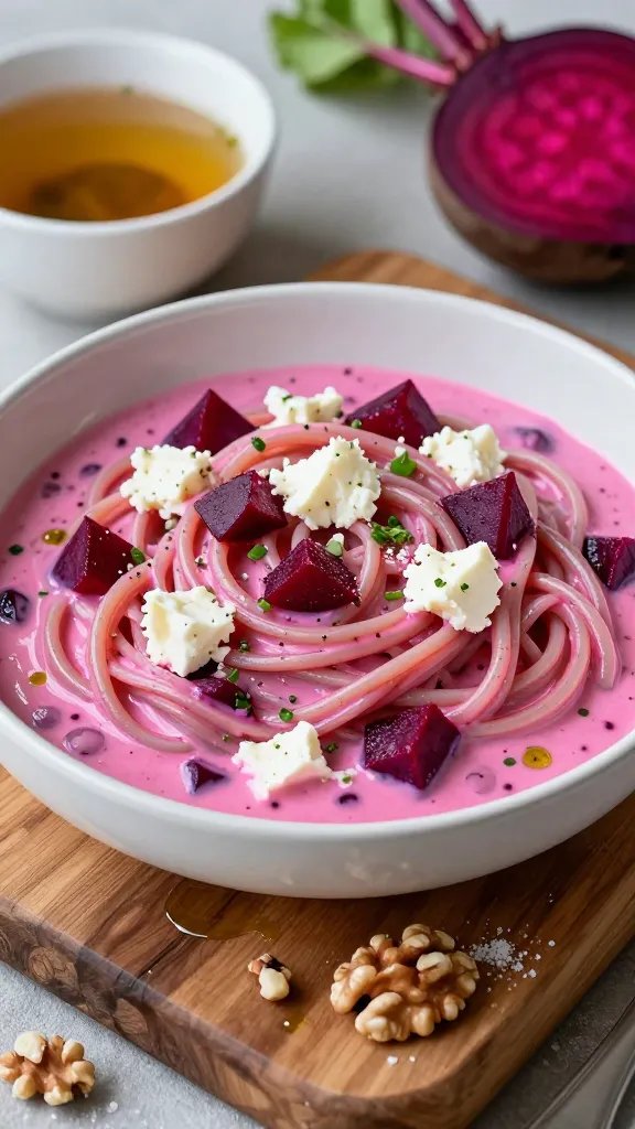 A high-resolution, ultra-realistic food photography scene featuring a plated one-pot beetroot, goat cheese, and gluten-free noodles mash-up. Center of the frame showcases a glossy, creamy bowl with silky ribbons of gluten-free noodles swirled in a vibrant beetroot-infused sauce, speckled with pink-purple beet chunks. Crumbled dollops of dairy-free goat cheese melt into the sauce, leaving pale ivory flecks. The dish sits atop a rustic wooden board with a light drizzle of olive oil, a few crushed walnuts for crunch, and a dusting of flaky salt around the rim. Surrounding props include a small bowl of vegetable broth, a halved beet with gorgeous magenta interior, and a sprig of fresh herbs for color contrast. Soft, natural light from the left highlights the creamy texture, glossy noodles, and the earthy tones, with shallow depth of field keeping the focus on the main subject while gently blurring the background. No text on the image.