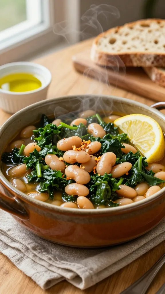 A high-resolution, food-forward photograph of a comforting one-pot glistening white bean and kale stew served in a rustic, deep ceramic bowl with a warm, earthy glaze. The bowl sits atop a light wooden table, surrounded by a folded linen napkin and a small ramekin of bright olive oil for drizzle. Steam wafts gently from the steaming broth to emphasize warmth. The hearty greens and white cannellini beans are clearly visible, with a lemon wedge and a few cracked garlic pieces arranged artfully on the side. In the background, a crusty gluten-free bread slice rests on a wooden board, slightly out of focus to suggest pairing. Natural, diffused daylight from a nearby window highlights the amber broth tones, the emerald kale, and the creamy beans, while subtle shadows add depth. The composition centers the pot's content as the main subject implied by the title, with a cozy, wholesome winter-sunlit kitchen vibe. No text on image.