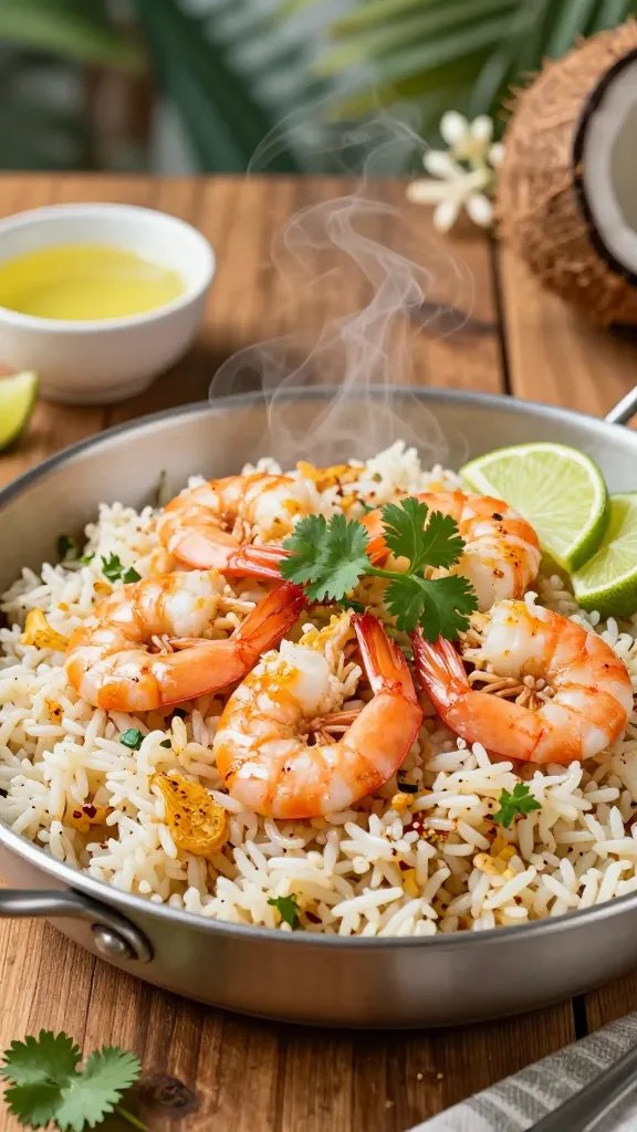 A high-resolution, realistic food photograph of a one-pot dish titled “One-Pot Spicy Shrimp and Coconut Rice.” The main subject is a glossy, bright skillet of coconut-lemongrass tinted rice with plump pink shrimp nestled on top, garnished with fresh cilantro and lime wedges. The scene sits on a rustic wooden table with warm, natural lighting highlighting the creamy coconut rice, golden-browned shrimp, and a sprinkle of red pepper flakes for visual heat. Include a light, airy steam rising from the dish to convey just-right freshness. In the background, a small white ceramic bowl of extra lime juice and a few cilantro sprigs add depth, while a softly blurred tropical-themed backdrop hints at coconut and jasmine notes without distracting from the main plate. No text on the image.