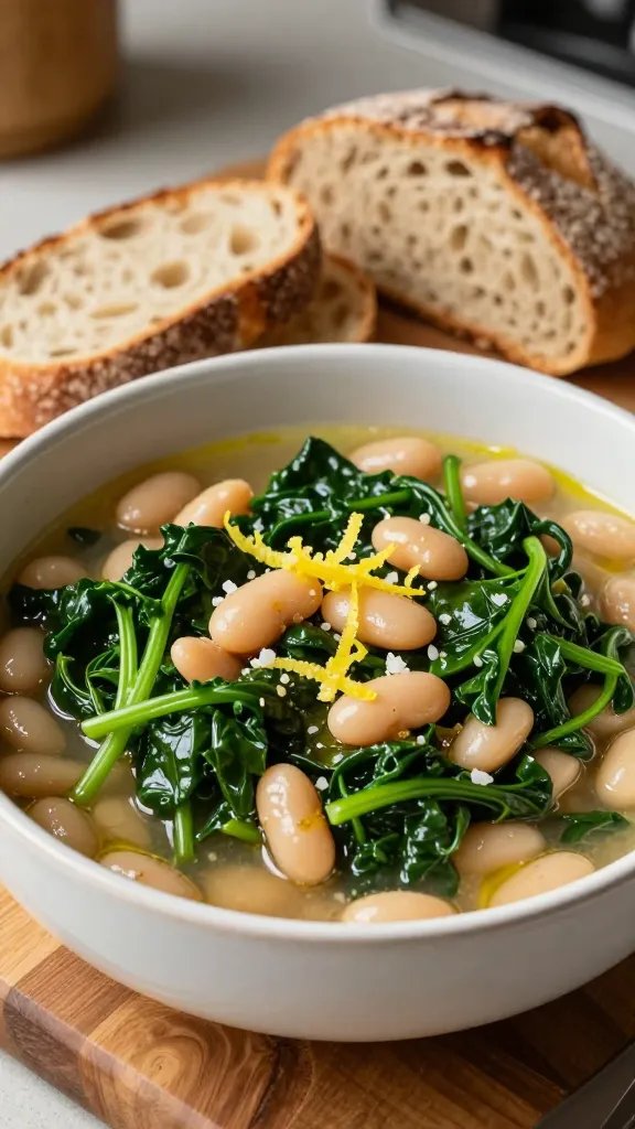 A high-resolution, photorealistic culinary image of a cozy one-pot dinner scene: the main subject is a rustic white ceramic bowl brimming with tender white beans and wilted greens (spinach and kale) in a light, glossy garlic-lemon broth. The greens are emerald and slightly glossy, with tender beans visible. A few lemon zest strands and a light squeeze of lemon juice glisten on top. Surrounding the bowl, place a few slices of gluten-free crusty bread with a rustic crust, arranged casually on a wooden board. The scene is lit with warm, natural light coming from the side, creating gentle shadows and a welcoming, homey atmosphere. Include a small drizzle of olive oil on the greens for sheen, and a subtle sprinkling of flaky salt. The background is a neutral kitchen counter with soft-focus elements, ensuring the dish remains the clear focal point. No text or branding in the image.