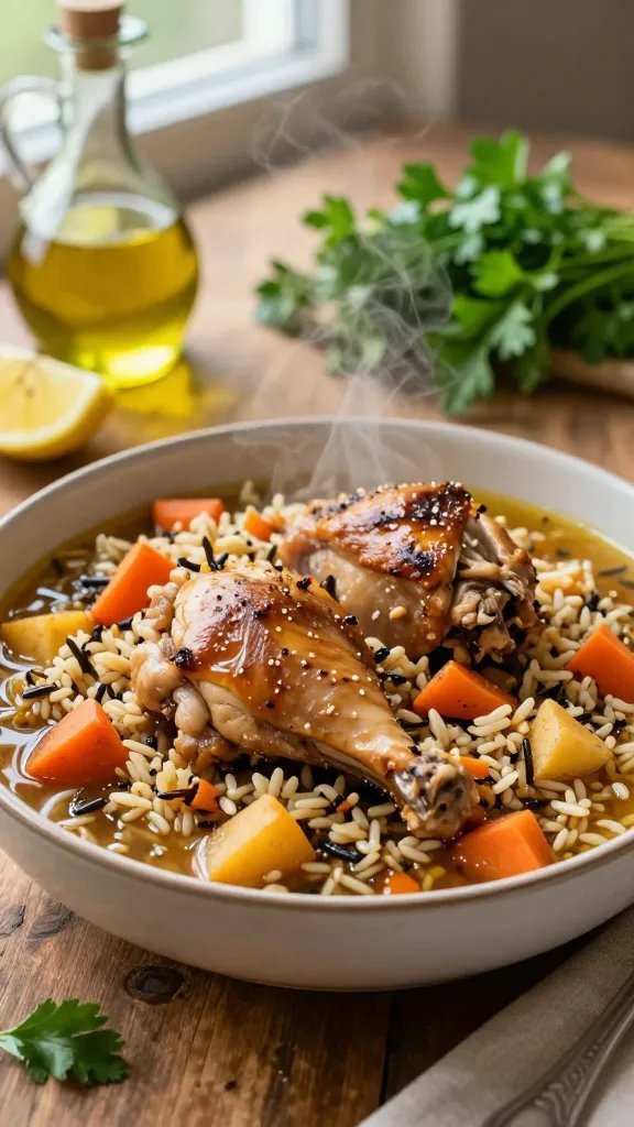 A cozy, photorealistic plated scene of One-Pot Autumn Harvest Chicken and Wild Rice. The main subject is a generous bowl of steaming, comforting chicken thighs nestled with tender wild rice, carrot and parsnip chunks, all bathed in a warm, amber-toned broth. Surround the bowl with autumnal props: a rustic wooden table, a small jug of olive oil, a sprinkle of fresh parsley, and a handwritten lemon wedge partially squeezed. Natural window light highlights the textures: glossy chicken skin, fluffy rice, and caramelized vegetables, with steam rising to convey warmth. The color palette includes earthy browns, golden yellows, and soft greens for garnish. A shallow depth of field keeps the focus on the bowl and its contents, while the background remains softly blurred to evoke homey comfort. No text or branding visible in the image.