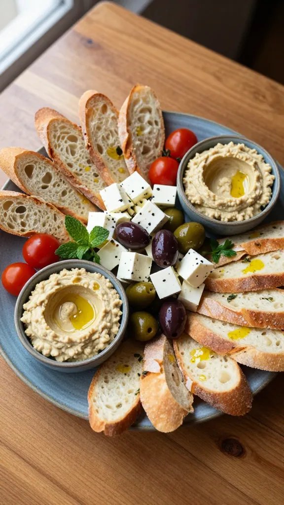 A high-resolution, editorial-style food photography shot of a rustic mezze-meets-charcuterie starter board, centered on a large, dusty-blue ceramic platter set on a warm wooden table. At opposite ends of the board place small, shallow bowls of hummus and baba ghanoush, their textures glossy and inviting. Scatter cubed feta and marinated olives naturally around the bowls, with a few cherry tomatoes tucked among for pops of color. Arrange thin baguette slices and pita wedges along the edges in an informal, overlapping pattern for easy grabbing, lightly brushed with olive oil to catch the light. Use soft natural light coming from the left, creating gentle shadows and a slightly shaken, casual vibe. Include subtle sprigs of fresh herbs (parsley or mint) for color contrast. No text, no branding, the composition should feel accessible, Instagrammable, and welcoming for beginners.