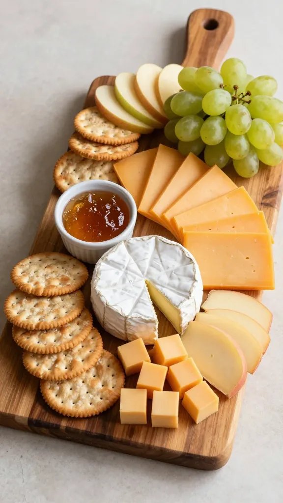A high-resolution, artful food photography shot of a classic beginner charcuterie board on a rustic wooden serving plank. The board features neatly arranged sections: creamy wedges of brie in a distinct triangle, slices of cheddar fanned into a curved arc, and cubed gouda grouped in a tidy pile. Surrounding the cheeses are crisp, lightly salted crackers in small clusters, fresh fruit accents including a bunch of grapes cascading along one side and thin apple slices fanned gently on the opposite edge. A small white ramekin holds honey or fig jam for dipping, positioned near the center-left for balance. The lighting is natural and warm, highlighting the textures of the creamy cheeses, the crunch of crackers, and the gloss of the fruit, with soft shadows to create depth. The composition should feel inviting and approachable, with a generous negative space on a light, neutral background to emphasize the board as the main subject.