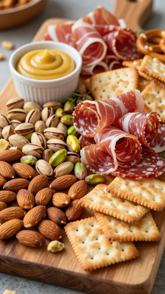 Create a high-resolution, realistic food photography scene featuring a "Crunchy Snap Board" as the main subject. Centerpiece a rustic wooden charcuterie board loaded with a dynamic arrangement: a cluster of glossy roasted almonds and green-tinged pistachios in one area, with neatly folded slices of prosciutto and rolled salami arranged in compact stacks nearby. Scatter crisp elements—thin snap crackers and airy pretzel crisps—in separate, visually distinct piles to emphasize texture contrast. Include a small, shallow ramekin of thick honey mustard dip with a soft golden hue placed toward the edge of the board, ensuring the dip appears glossy and inviting. Use warm, natural lighting to highlight textures: the crunch of nuts, the marbling of meats, and the delicate crinkles of crackers. Add subtle garnishes such as a few broken cracker pieces and tiny herb sprigs for color balance, with a shallow depth of field to keep the board in sharp focus while softly blurring the background. The composition should read as an inviting bite-sized bites board, designed for a food lover’s texture experience, without any text or branding in the image.