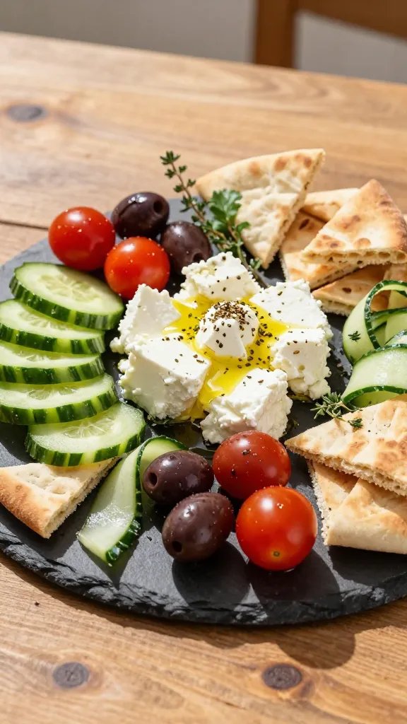 A bright, sunlit Mediterranean-inspired charcuterie board arranged on a rustic wooden table. Centerpiece features a small round slate dish with soft goat cheese and crumbled feta, surrounded by neatly arranged cucumber slices and vibrant cherry tomatoes. Scattered marinated olives, halved pita triangles, and a light drizzle of extra-virgin olive oil with a delicate sprinkle of za’atar across the board. Garnish with fresh herbs (thyme and parsley) and a few cucumber ribbons for color. The lighting is warm and inviting, with natural sunlight casting gentle shadows to highlight the textures of creamy cheese, glossy olives, and crisp pita. The main subject (the board) is framed in a way that emphasizes a casual, quick-date-night vibe, with a clean, uncluttered background and no visible text. High-resolution food photography, shallow depth of field around the edges to keep focus on the central cheeses, textures, and colors.