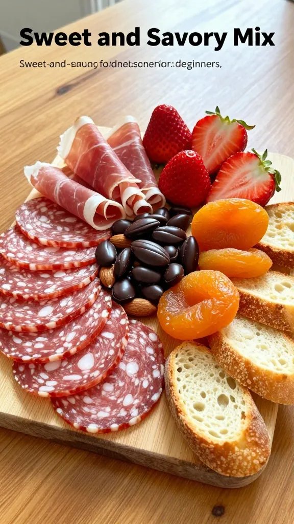 A realistic, high-quality food photography shot of a charcuterie board on a warm wooden table, featuring a playful “Sweet and Savory Mix” arrangement. On one side, fan out thin slices of salami and folded prosciutto, layered with a few folded slices for visual rhythm. On the opposite side, nestle bright red strawberries, halved, and a mound of shiny, dark chocolate-covered almonds alongside glossy dried apricots. Include a few toasted baguette slices arranged around the edge for crunch. Use soft natural light from a nearby window to highlight textures: the marbling of cured meats, the gloss on chocolate almonds, the juicy freshness of fruit, and the crispness of the baguette. Plate should feel inviting and bite-sized, with a few small gaps between items to emphasize variety and balance, and no text on the image. The overall composition should clearly showcase the main subject from the article title: a sweet-and-savory charcuterie board designed for beginners.