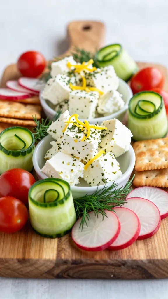 A high-resolution, editorial-style food photograph of a herb-forward fresh grazing board, centered on a rustic wooden board with a light, airy backdrop. The board features a generous portion of soft whipped feta and herb-crusted goat cheese in small, elegant bowls, surrounded by delicate cucumber ribbon spirals and thin radish slices fanned for visual texture. Scatter bright red cherry tomatoes and assorted crackers around the cheeses, with a generous tumble of fresh dill sprigs and delicate lemon zest curls to add a fragrant, citrusy lift. The lighting is bright and natural, emphasizing the vibrant greens and creamy cheeses, with shallow depth of field to softly blur the background while keeping the herb accents and cheeses in crisp focus. No text on the image.
