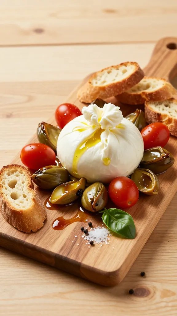A high-resolution, photorealistic still-life of an Italian-Style Sip and Snack Board on a light wooden table, styled and lit for a warm, sun-dried Italian vibe. Centerpiece burrata in a small white ceramic bowl, its creamy interior slightly spilling at the edges, surrounded by a ring of glossy marinated artichoke hearts and vibrant cherry tomatoes. Scatter golden crostini around the burrata, with a light drizzle of extra-virgin olive oil over the cheese and tomatoes. A delicate glaze of balsamic reduction artfully streaks across the board near the burrata, adding a glossy, caramelized sheen. The board should be a rustic wooden or slate board to contrast with the white burrata, with subtle garnishes like torn basil leaves, a pinch of flaky salt, and a few peppercorns for texture. The scene should look fresh, inviting, and not overly arranged, conveying effortless Italian charm and minimal fuss. No text, no background distractions, natural warm lighting and shallow depth of field to emphasize the burrata as the focal point.