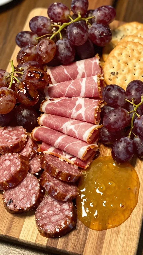 A high-quality, realistic food photograph of a Southern Charm Board: Meats and Honey Mustard. Centerpiece a wooden charcuterie board arranged with 6 oz slices of smoked sausage in a zigzag pattern and 6 oz Kentucky bourbon ham folded into loose ribbons, surrounded by clusters of blistered grapes (about 1 cup in total) nestled between the meats, and a generous pool of glossy honey mustard dip toward one edge. Include a few crisp crackers fanned near the ham, with warm, cozy lighting that emphasizes a game-day vibe and a hint of smokiness. Use natural textures—the wood grain of the board, subtle condensation on grapes, and the sheen of the honey mustard—to evoke comfort and indulgence. No text on the image.