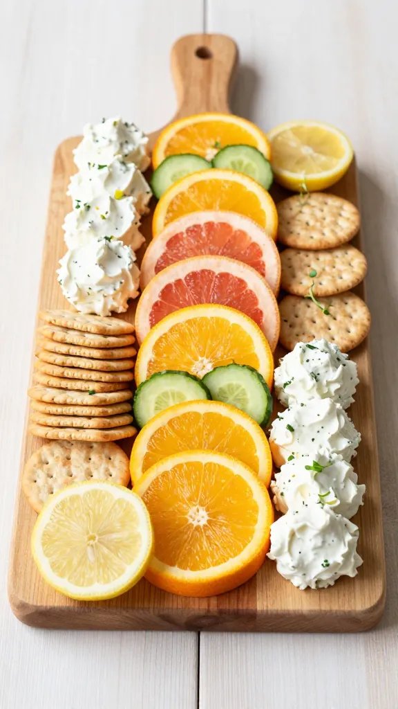Create a high-resolution, photography-style still life of a bright citrus board setup for beginners, centered on the concept of a refreshing, citrus-forward charcuterie board. The main subject should be a wooden grazing board arranged with two opposite corners spread with lemon-herb goat cheese and chives cream cheese, each in small dollops or a neat log, showcasing their creamy textures. Between the cheese corners, place a fan of sliced orange and supremed grapefruit to add vibrant citrus color, with cucumber slices layered or curved for visual rhythm. Scatter a generous portion of crackers around the edges and in the gaps to invite easy scooping. Use a clean, softly lit backdrop (light wood or pale neutral surface) with natural light emphasizing the citrus brightness and creaminess of the cheeses, subtle shadows adding depth. Garnish subtly with a few microgreens or citrus zest curls for aroma imply. No text on image. The overall mood should feel refreshing, inviting, and elegant, with bright yellows, oranges, and pale greens contrasting against the warm board and white cheeses.