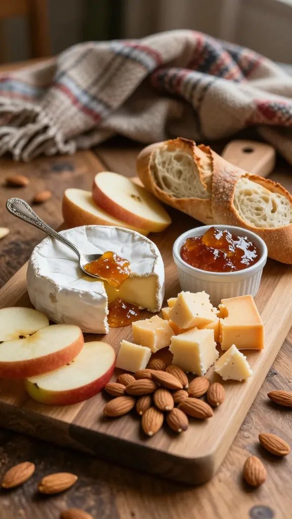 A warm, inviting fall-inspired charcuterie board set on a rustic wooden table, bathed in soft, natural evening light. Centerpiece: a generously arranged board featuring a wedge of creamy brie with a small spoon dipping into slightly runny jam, and a block of sharp aged cheddar scattered in chunky chunks, all surrounded by a few crisp apple slices and a small pile of toasted almonds. Include a sliced baguette, fanned slightly at one edge, and a tiny ramekin of warmed fig jam with a glossy, honeyed surface. The board should feel cozy and approachable, with a folded plaid blanket draped partially in the background to evoke a comforting, movie-night vibe. Depth of field softly focused around the board, shallow enough to emphasize the textures of creamy cheese, glossy jam, and crunchy almonds, while the table and blanket remain gently blurred. No text on the image. High-resolution, natural color tones, balanced exposure to highlight the warmth of fall.