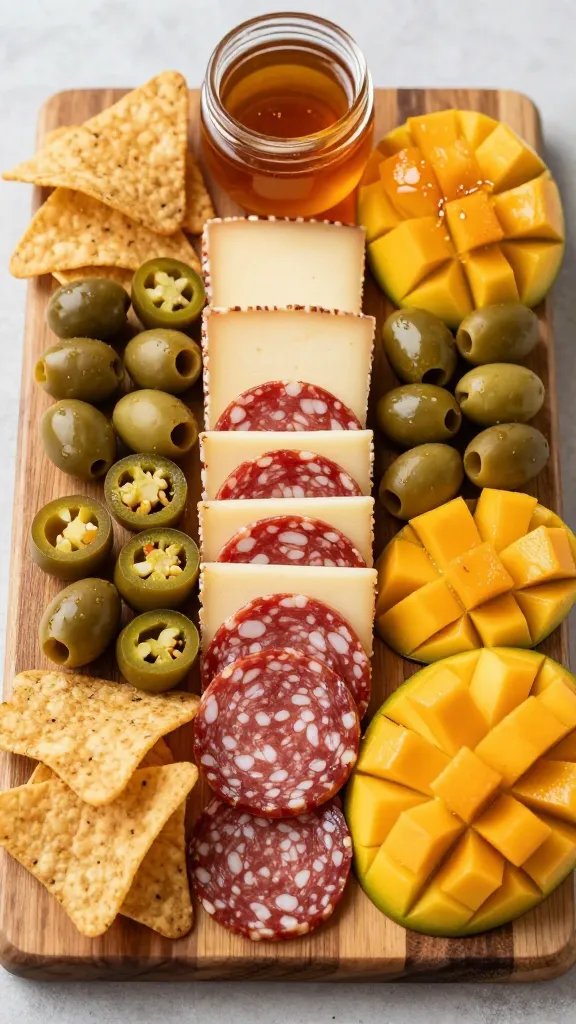 A high-resolution, hyper-realistic food photograph of a spicy kick charcuterie board for beginners, styled to feature bold heat with balanced sweetness. Centerpiece: a neat linear arrangement of 4 oz pepper jack cheese slices and 4 oz peppered salami, flanked by a cluster of 1 cup jalapeño-stuffed olives and a scattering of mango chunks. A small glass jar of honey sits at one corner, with a delicate drizzle cascading over mango pieces. Surround the board with crisp corn chips or crostini for texture. Lighting is warm and natural, highlighting the glossy honey, the sheen on the olives, and the vibrant orange-yellow mango against rich reds and greens. Use a rustic wooden board on a light, textured background; no text or branding visible. The composition should look appetizing, balanced, and inviting, capturing the bold heat and cooling sweetness in a single, visually striking image.