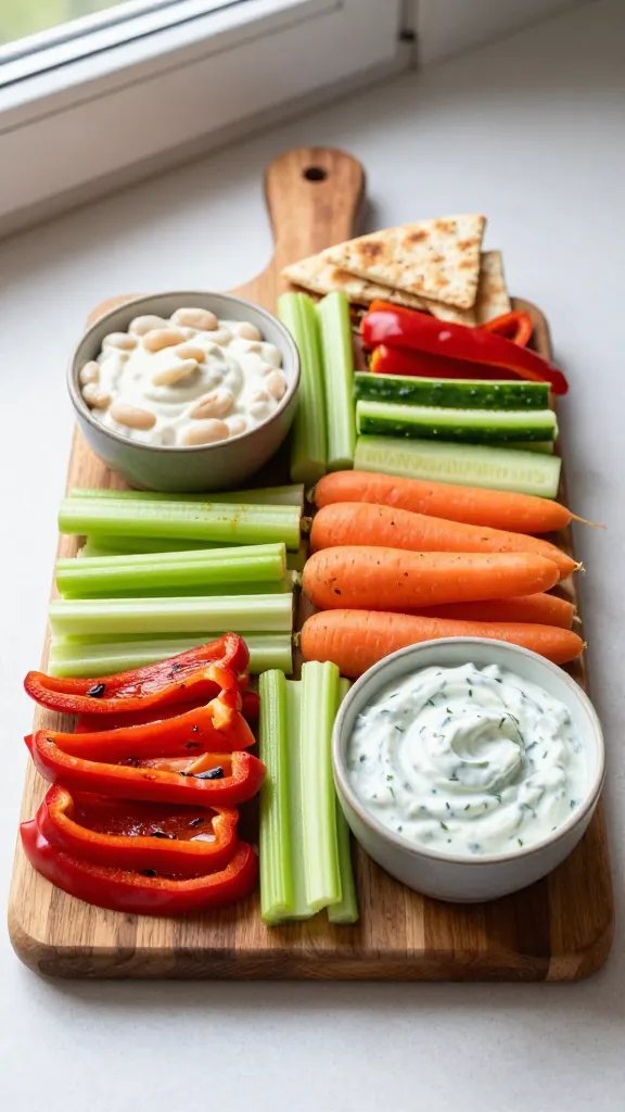 A lush, high-resolution still life of a vibrant Tiny Veggie Board on a rustic wooden serving board. The board is arranged with two shallow bowls at opposite ends—one filled with a creamy white bean dip, the other with a herbed yogurt dip—each bowl surrounded by neatly organized color-blocked rows of crisp vegetables: roasted red pepper strips, celery sticks, baby carrots, and cucumber spears, transitioning from deep red to bright green for a rainbow effect. Include a small stack of lightly toasted pita triangles or crackers for crunch at one edge. The scene should be lit with soft, natural window light to emphasize the fresh produce’s glossy textures and vivid colors, with a clean, minimal background to keep focus on the board. No text or branding visible.