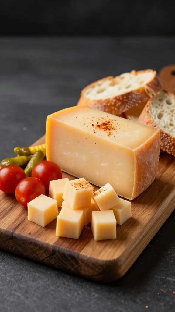 A high-resolution, editorial-style food photograph of a Smoky Border Board displayed on a rustic wooden board set on a dark matte surface. The composition centers a pair of cheese wedges—smoked gouda and cheddar—arranged slightly leaning against each other, with cubed cheddar and smoked gouda nearby. Scatter bright cherry tomatoes and crisp cornichons to the side, and place a few thin baguette slices fanned at the edge of the board. Light a gentle, directional glow from the upper left to emphasize the smoke-kissed textures, with a subtle dusting of smoked paprika visible on the cheese surfaces for aroma. Include a shallow depth of field so the foreground elements (the cheeses and tomatoes) are razor-sharp while the background softly blurs, creating a sense of approachable luxury and simplicity. No text or branding on the image.