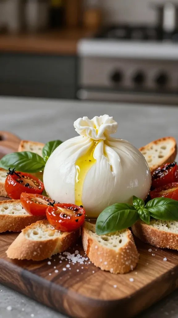 A high-resolution, cinematic food photograph of a luxurious burrata board centerpiece. In the center sits a glossy burrata ball, its creamy interior hinted through a delicate, matte outer shell. Nestled around it are plump roasted cherry tomatoes bursting with color, glistening with oil. Scatter fresh basil leaves, their vibrant green contrasting with the white burrata, and arrange crisp crostini around the edges like a sunburst. Drizzle a sheen of extra-virgin olive oil over the burrata and tomatoes, with a light dusting of flaky sea salt. The board is a dark, natural wooden surface with a soft, blurred kitchen backdrop in warm, inviting tones. Lighting is soft and natural, emphasizing the textures: creamy burrata, juicy tomatoes, crisp crostini, and glossy oil, creating an elegant, luxe presentation that feels effortless. No text on image. The main subject is the burrata centerpiece.