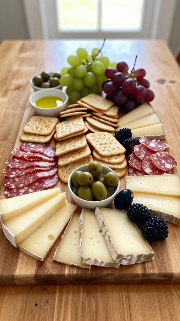 A warm, inviting kitchen table scene featuring a ready-to-assemble Everyday Party Board laid out with 2-3 varieties of cheeses arranged in a tight cluster, two kinds of cured meats fanned on one side, a small pile of crackers and slices of crusty bread filling the center, a grapes and berries cluster spilling along the edge, a few olives or pickles in a tiny dish, and a small bowl of olive oil for dipping placed near the crackers. The cheeses and meats are grouped with minimal spacing, while produce naturally fills gaps, creating a balanced, asymmetric layout. Soft natural light from a window highlights textures: cream cheese wedges, marbled salami, crisp crackers, shiny olives, and dewy grapes. A rustic wooden board serves as the base, with a light scatter of herbs for color. The main subject is the "Everyday Party Board" (as described) presented front and center, emphasizing a practical, no-fuss vibe ideal for last-minute hosting. No text or logos on the image.