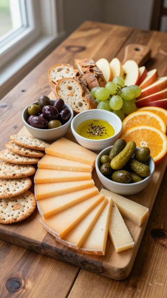 Create a warm, inviting food photography scene of a budget-friendly charcuterie board placed on a rustic wooden table. The board features neatly sliced 8 oz sharp cheddar arranged in a clean, stacked fan, and 8 oz Parmesan wedges laid at an angle. Interspersed are small bowls of olives or pickles and a simple baguette cut into rustic slices or a scattering of crackers. Add seasonal fruit such as apple or grape segments and citrus slices chosen for color variety, positioned to fill gaps with a balanced, abundant look. Include a small drizzle or dipping bowl of olive oil with cracked black pepper. Use natural, soft lighting from a window to create gentle shadows and a luxurious feel despite the budget theme. Style with minimal garnish and a few complementary colors (greens from fruit, gold tones from cheese). No text on the image. The main subject and focus should clearly read as a complete, elegant charcuterie board that communicates affordability without sacrificing luxury.