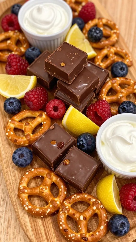 A high-resolution, close-up photoshot of a dessert-only charcuterie board arranged on a warm wooden serving board. The composition centers a glossy stack of chocolate squares and shimmering dried fruits in a rich, varied cluster, with a generous ring of assorted pretzels for crunch. Interspersed among them are bright red and purple berries and a few lemon bar pieces cut into triangular shapes, strategically tucked to create pops of citrus jewelry. A small, airy dollop of whipped cream sits in a delicate ceramic ramekin at the edge, with a few spoonfuls of creamy yogurt nearby for dipping. Lighting is soft and natural, highlighting glossy textures of chocolate, the matte contrast of dried fruits, and the crisp edges of pretzels. The scene should feel warm, inviting, and playful, with an artful balance of color, texture, and negative space to emphasize the dessert board as the magical late-night centerpiece. No text or branding visible.