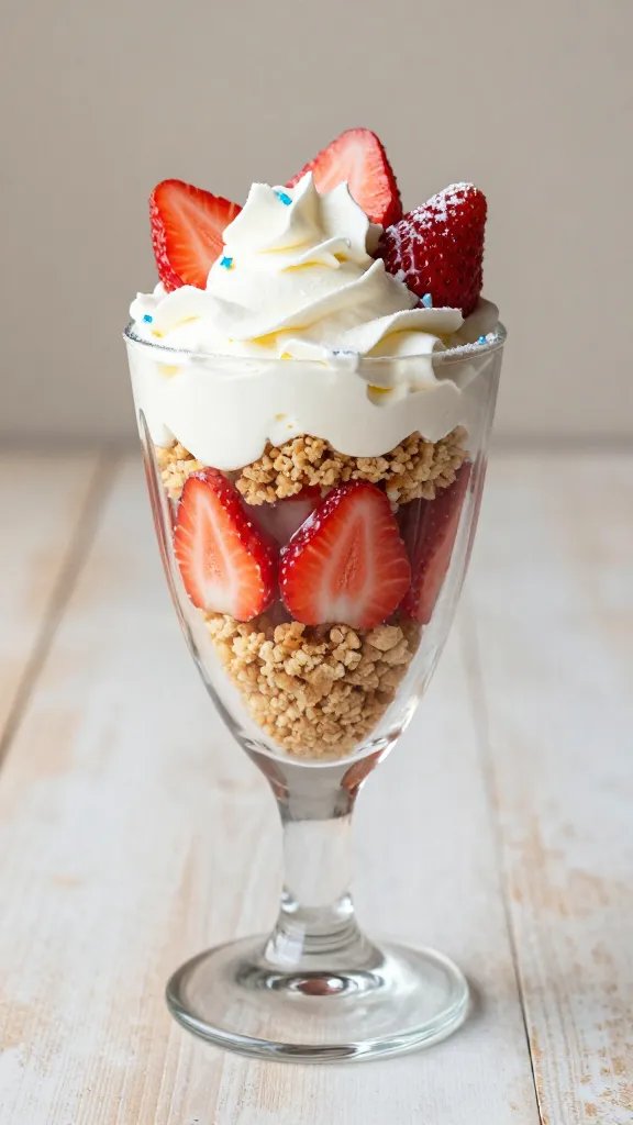 Create a high-resolution, photorealistic image of a single, tall glass dessert cup that serves as the focal point, positioned on a clean, softly illuminated surface with a subtle, rustic tabletop texture. The glass should be transparent and elegant, showcasing stacked layers that evoke a patriotic color palette. Start with a delicate bottom layer of gluten-free biscuit crumbles, finely ground to resemble sandy texture, followed by a generous layer of fresh, glossy red strawberry slices arranged in a circular, fan-like pattern against the inner glass. Above this, add a thick, creamy white layer of whipped cream that sits slightly domed, with delicate wisps and tiny peaks to convey whipped freshness. Top the cream with a crown of bright red strawberry halves or quartered berries for visual contrast. Include a second, thinner layer of biscuit crumbles around the inner edge of the glass just beneath the whipped cream to create a defined boundary between textures. The entire composition should be styled with a festive, patriotic vibe: a subtle drizzle of glossy glaze over the strawberries to enhance shine, a light dusting of powdered sugar around the rim, and a few micro-non-intrusive blue edible decorations (like tiny sugar pearls or star-shaped sprinkles) placed sparingly on the whipped cream—ensuring no text or logos appear in the image. Lighting should be soft and natural, coming from a gentle side or top-left direction to create delicate shadows and highlight the glass contours, the glossy strawberry surfaces, and the creamy texture. The background should be a neutral, slightly blurred setup—perhaps a pale, warm-toned wooden table or a marble surface—to ensure the dessert remains the clear focal point. Include subtle reflections on the glass and a shallow depth of field so the cup stands crisp while the background remains softly out of focus, enhancing a premium, editorial food-photography feel. The overall mood should be celebratory and mouth-watering, emphasizing freshness, gluten-free goodness, and patriotic color cues without any text on the image.