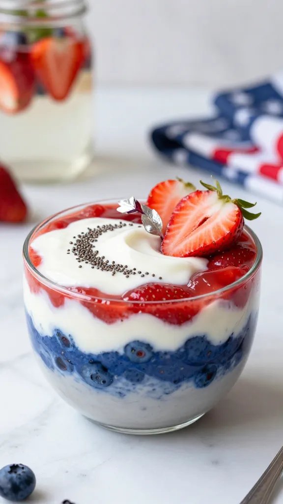Create a hyper-realistic, high-resolution photograph of a single gluten-free patriotic layered smoothie bowl as the centerpiece, presented on a clean, white marble countertop with soft, natural sunlight filtering from the left. The bowl should feature three distinct, evenly layered horizontal strata: a vibrant red strawberry layer on top, a crisp white yogurt layer in the middle, and a deep blue berry layer at the bottom, each with a glossy, glassy finish that highlights their fresh, glossy texture. The bowl itself is a simple, elegant ceramic dish in a neutral white or pale gray to emphasize the colors, with a slight outward rim for definition. Surround the bowl with minimal, artful garnishes that underscore the patriotic theme without overpowering the layers: a subtle spray of chia seeds or poppy seeds arranged in a delicate arc on the white yogurt layer, a halved fresh strawberry placed at the edge of the bowl to hint at the red layer, and a tiny edible silver leaf or a micro mint leaf tucked to one side for a touch of contrast. The blue layer should show natural variation, as if built from blueberries and blue spirulina, with tiny visible berries peeking through. The background remains softly blurred to keep attention on the bowl, with a hint of summertime elements in the periphery: a blurred mason jar filled with fruit-infused water and a folded linen napkin in muted red, white, and blue tones, out of focus to avoid distraction. The lighting should emphasize the glossy surface of each layer, casting gentle highlights and soft shadows that define the depth and texture of the smoothie. Ensure the composition centers the bowl, with a shallow depth of field (f/2.8 to f/4) to keep the layers razor-sharp while the background remains creamy and unobtrusive. The overall mood should be fresh, patriotic, and inviting, suitable for a premium food photography shot that communicates a gluten-free, photogenic breakfast or snack option. No text overlays or watermarks allowed on the image.