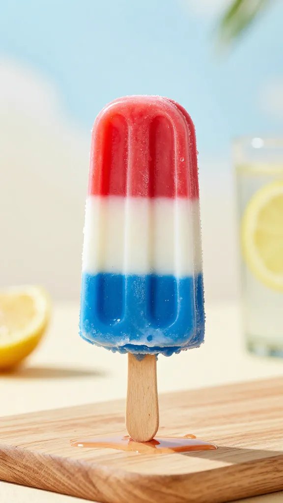 Create a hyper-realistic, high-resolution editorial photograph of a single, tall, slim popsicle on a wooden surface, inspired by “Firework Popsicles.” The popsicle should clearly evoke a red-white-blue color scheme, with three vertical color blocks running from top to bottom: a vivid red segment, a crisp white segment, and a bold blue segment, arranged in that order to resemble fireworks. The popsicle stick should be natural wood with subtle grain, slightly worn for authenticity. The scene should be lit with bright, sunlit natural light to convey a summery, outdoor celebration vibe, with gentle reflections on the glossy pop of ice. Include a shallow depth of field, where the popsicle is in razor-sharp focus while the background fades softly into bokeh featuring soft cream and pale blue hues suggesting a clear sky. Add tiny, delicate ice crystals clinging to the surface to emphasize frostiness, and a few drips of melted ice forming a tiny pool on the wooden board. The composition should be clean and minimalist: a single popsicle centered slightly off-center, a light, textured wooden board as the base, and minimal props (perhaps a small glass of lemon-lime soda out of focus in the background). Ensure the color blocks are seamless and evenly colored, with crisp edges and a glossy enamel-like finish to convey a premium, photogenic treat. The overall mood should be celebratory and patriotic without any text or branding visible on the image. The final image should resemble a high-end food photography shot suitable for a magazine feature, ready for print, with accurate color reproduction to highlight the red, white, and blue popsicle against a warm, inviting summer setting.