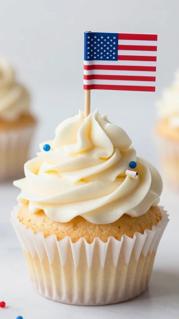 Create an ultra-realistic, high-resolution photo of a gluten-free cupcake as the main subject, centered on a clean, softly blurred neutral background to emphasize the dessert. The cupcake should feature a large, generous scalloped top of light, fluffy frosting that forms a perfect, pillowy dome with delicate ridges and subtle sheen, implying a whipped, airy texture. The frosting color should be a pristine white with a faint hint of vanilla, and it should be lightly swirled to showcase texture and depth. Plant a small toothpick flag in the center of the frosting: the flag should read as a tiny, crisp, printable-style miniature flag with a simple design representing the American flag (red and blue elements) but ensure the flag itself remains subtle and intact without overdominance. Around the cupcake, incorporate red, white, and blue accents to evoke a patriotic theme without overpowering the single cupcake. Place three tiny, unobtrusive toppings or decorations on the frosting—an imperfectly placed red sugar crystal, a single blue sugar pearl, and a small white chocolate shard with a faint red or blue edge—so the colors appear naturally integrated and not overly staged. The cupcake liner should be a classic, smooth, white paper liner with clean folds, and it should be slightly visible to anchor the cupcake in the frame. Lighting should be soft and natural, coming from the left side to create gentle shadows and highlight the frosting’s texture and the glossy surface of the sugar decorations. The depth of field should be shallow enough to blur the background while keeping the cupcake and flag toothpick in razor focus, ensuring every detail—from the scalloped frosting edges to the tiny flag’s print edges—appears crisp and enticing. The overall scene should feel premium, bakery-quality, and craft-forward, suitable for a high-end editorial or product-shot. No visible text or branding on the image itself.