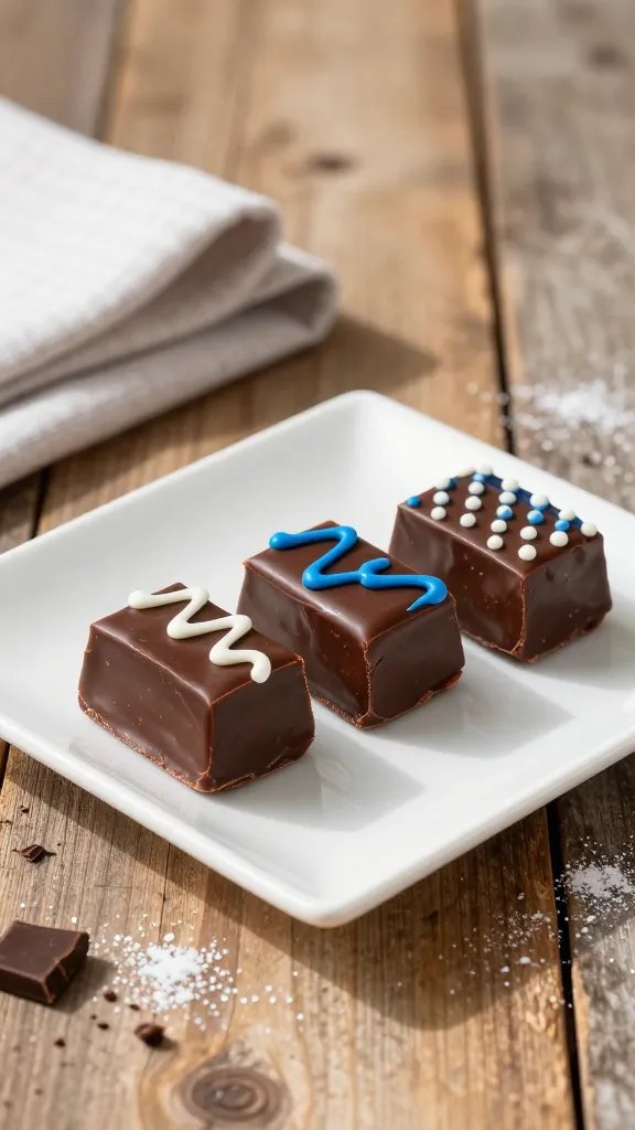 Create a hyper-realistic, high-resolution food photography scene featuring a square white porcelain plate centered on a rustic wooden backdrop. The plate holds three glossy fudge bites arranged in a precise straight row, each bite about the size of a large coin and cut into perfect square blocks with clean, sharp edges. The fudge should appear rich and velvety, with a deep, indulgent chocolate hue and a slight sheen that catches the light. Drizzled atop each piece is an intricate icing design: one with a delicate white zigzag swirl, the second with a thin royal-blue icing line looping into an elegant wave, and the third with a small, precise white dot pattern interwoven with a subtle blue accent to evoke a patriotic theme. The white icing should have a creamy, smooth texture with crisp edges, while the blue icing presents a slightly translucent, glossy finish. Surrounding the plate, include subtle festive touches that reinforce the red, white, and blue motif without overpowering the main subject: a soft folded linen napkin in a muted white with a faint gray weave to add texture, and a backdrop of warm, sunlit wooden planks that show natural grain and gentle wear. Scatter tiny, tasteful accents around the plate—crumbs of dark chocolate, a faint powdery dusting of confectioners’ sugar, or a few stray chocolate shavings—to add realism and depth. Use natural lighting from the left side to cast gentle shadows and create depth, with a shallow depth of field that softly blurs the background while keeping the fudge bites in razor-sharp focus. Ensure the color palette emphasizes rich browns of the fudge, the crisp white of the plate and icing accents, and the cool blue of the decorative drizzle, with just a touch of warm wood tones to balance the composition. The scene should convey a premium, celebratory dessert presentation suitable for a gluten-free patriotic gathering, emphasizing texture—creamy fudge, smooth icing swirls, and a pristine, appetizing finish. No text or branding should appear in the image.