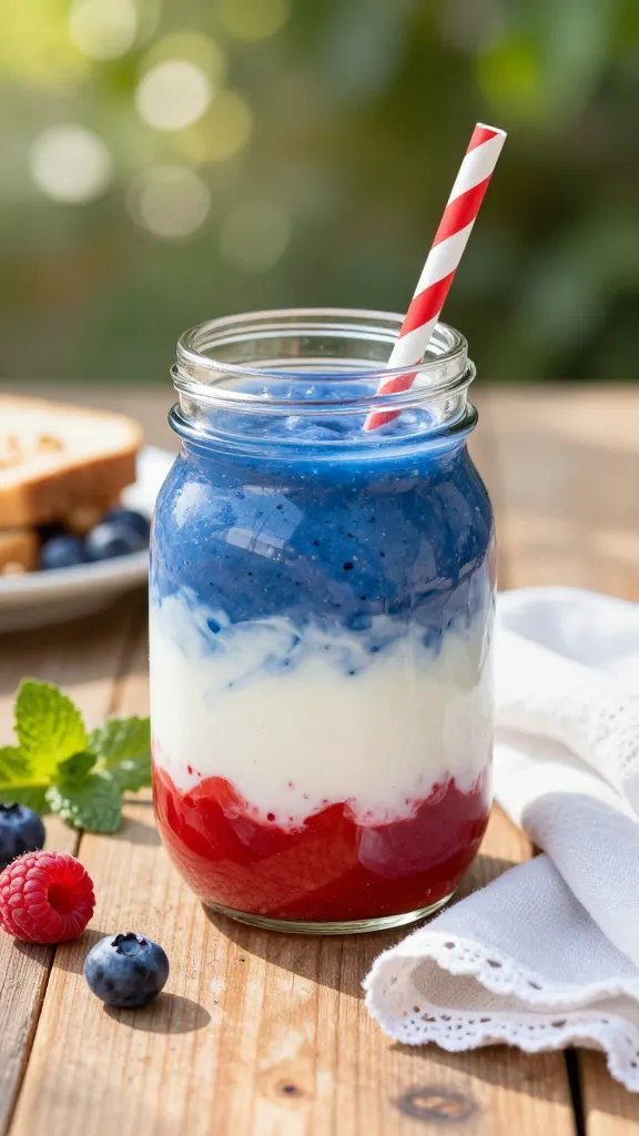 Create an ultra-realistic, high-resolution food photography scene featuring the main subject: a small mason jar smoothie in a patriotic, red-white-blue layered design. The setting is a sunlit backyard breakfast table with soft bokeh greenery in the background. The jar sits at the center on a rustic wooden table with a natural, warm tone. The jar has a clear glass body, a metal screw-top lid, and a reusable striped straw (red and white) tucked through the lid’s hole. The smoothie layers are visually distinct: a vibrant red bottom layer, a creamy white middle layer, and a rich blue top layer. Each layer should appear glossy and slightly translucent, with subtle natural light reflections highlighting the depth and texture of the liquids. The red layer can include a hint of berry specks or fruit pulp at the edges to convey richness; the white layer should look smooth and creamy, perhaps with a faint vanilla speck or whipped-cream-like texture cascading slightly along the jar’s inner wall; the blue layer should be a deep, blueberry-tinted hue with a silky finish. Around the jar, compose complementary elements to evoke a brunch centerpiece: a small cluster of fresh blueberries and raspberries scattered near the base, a few mint leaves for a pop of green, and a folded white linen napkin with a delicate lace edge partly under the jar. In the background, place a shallow, light-colored ceramic plate with a few healthy breakfast accompaniments (e.g., a slice of gluten-free toast, a sprinkle of granola) out of focus to maintain the jar as the focal point. The lighting should be natural, mimicking mid-morning sun, with gentle shadows and a soft gradient from warm golden tones to cooler blues that echo the red-white-blue theme. The overall composition must feel premium and editorial, with attention to the jar’s glass clarity, the color separation of the layers, and the inviting texture of the smoothie. No text on the image.