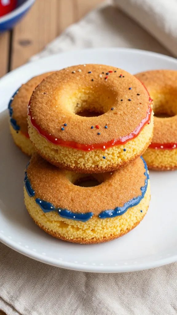 Create a hyper-realistic, high-quality food photograph of a plate featuring three circular cornbread rings stacked neatly, with the top ring slightly offset to reveal the layers beneath. The cornbread rings should be golden-brown with a lightly crisped exterior and a tender, moist interior visible at the cut edges. Each ring must be perfectly circular, uniform in thickness, and sandwich a subtle open crumb that hints at a moist texture. The plate is a simple, elegant white ceramic with a clean, smooth rim, resting on a soft-textured natural linen surface in a warm, neutral tone. Around the base of the plate, incorporate a delicate dotted pattern—tiny, evenly spaced white or light-gray dots on the plate’s edge that create a subtle decorative frame without overpowering the presentation. Accentuate patriotic flair while maintaining a refined dining look: lightly glaze or dust the outer edges of each ring with a thin, glossy glaze in a festive red hue on one ring and a cool blue hue on another, leaving the third ring glaze-free to showcase the cornmeal’s natural color. If using seeds as garnish, sprinkle tiny red and blue sesame or chia seeds sparingly on the exposed top surfaces of the rings, ensuring they do not overwhelm the texture. The lighting should be soft and natural, coming from a slightly angled source to create gentle highlights and shadows that emphasize the rings’ ridges and crusty rims, with a shallow depth of field that keeps the focus on the foreground ring while the other two recede slightly into a creamy bokeh. In the background, suggest a subtle culinary context without clutter: a blurred farmhouse wooden table edge, a touch of burlap texture, and a faint hint of a linen napkin in a complementary color to enrich the patriotic theme. Ensure the composition centers on the plate and stacked cornbread rings, with the rings presented in a precise, presentable manner suitable for a premium recipe feature. No text or watermarks on the image. The final result should feel celebratory, inviting, and appetizing, highlighting gluten-free cornmeal as the star, with a polished restaurant-quality look and a homey, shareable snack appeal.
