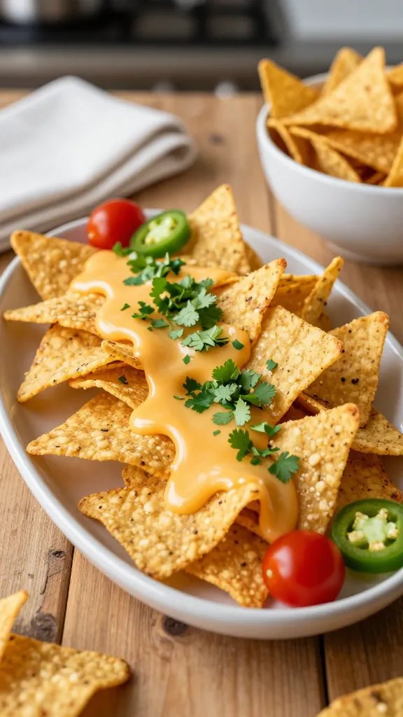 Create a hyper-realistic, high-resolution food photography scene featuring a small, oval platter piled generously with gluten-free tortilla chips arranged in a neat, slightly overflowing mound. A wavy line of melted cheese elegantly drapes across the chips, forming a subtle flag-like pattern with crisp, golden edges and glossy sheen. Scatter a few small, vibrant red cherry tomatoes and thin green jalapeño slices at one end to hint at the red and green elements, while a handful of finely chopped fresh cilantro adds a pop of bright green. The platter sits on a rustic wooden surface with a softly blurred kitchen background, capturing warm, natural lighting that highlights the chip texture and cheese drizzle without harsh shadows. Include a clean, white napkin folded nearby and a pristine white ceramic bowl of extra gluten-free tortilla chips partially visible to suggest abundance. The overall composition should feel festive, approachable, and ready for a party table, with a shallow depth of field that keeps the chips and cheese in sharp focus while softly blurring the background. No text on the image.