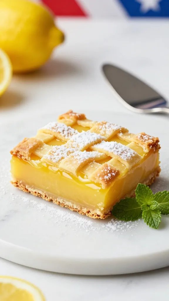 Create a premium, ultra-realistic, high-resolution photograph of a single gluten-free Liberty Lemon Bar, centered on a clean, light marble or white surface. The lemon bar should be rectangular with a slightly crisp, golden-brown crust and a bright, glossy lemon filling that gleams with a luscious, tart sheen. The top lattice should be crisp and delicately woven, with even 1/4-inch gaps to reveal the vibrant lemon beneath, and a small decorative sprig of fresh mint or lemon leaf tucked into the bottom-right corner of the crust for a subtle patriotic nod. Surround the bar with minimal props that enhance a patriotic, celebratory feel without overpowering the subject: a softly blurred backdrop in white and subtle red-blue accents in the distance, a delicate silver cake server resting at a slight angle beside the bar, and a tiny, unobtrusive sprinkle of powdered sugar dusting the lattice edges to add texture. Lighting should be natural and diffused, coming from the upper left, creating gentle shadows along the lattice and edge to emphasize depth and the bar’s crisp crust. The color palette should emphasize the lemon’s vibrant yellow, the crust’s warm golden-brown, and the mint/leaf accent, with a clean, modern composition that reads as a premium dessert centerpiece suitable for a gluten-free patriotic celebration. The image must be free of any text overlays and should convey a single elegant lemon bar as the primary focal point, with a refined, restaurant-quality presentation appropriate for a cookbook or editorial feature.